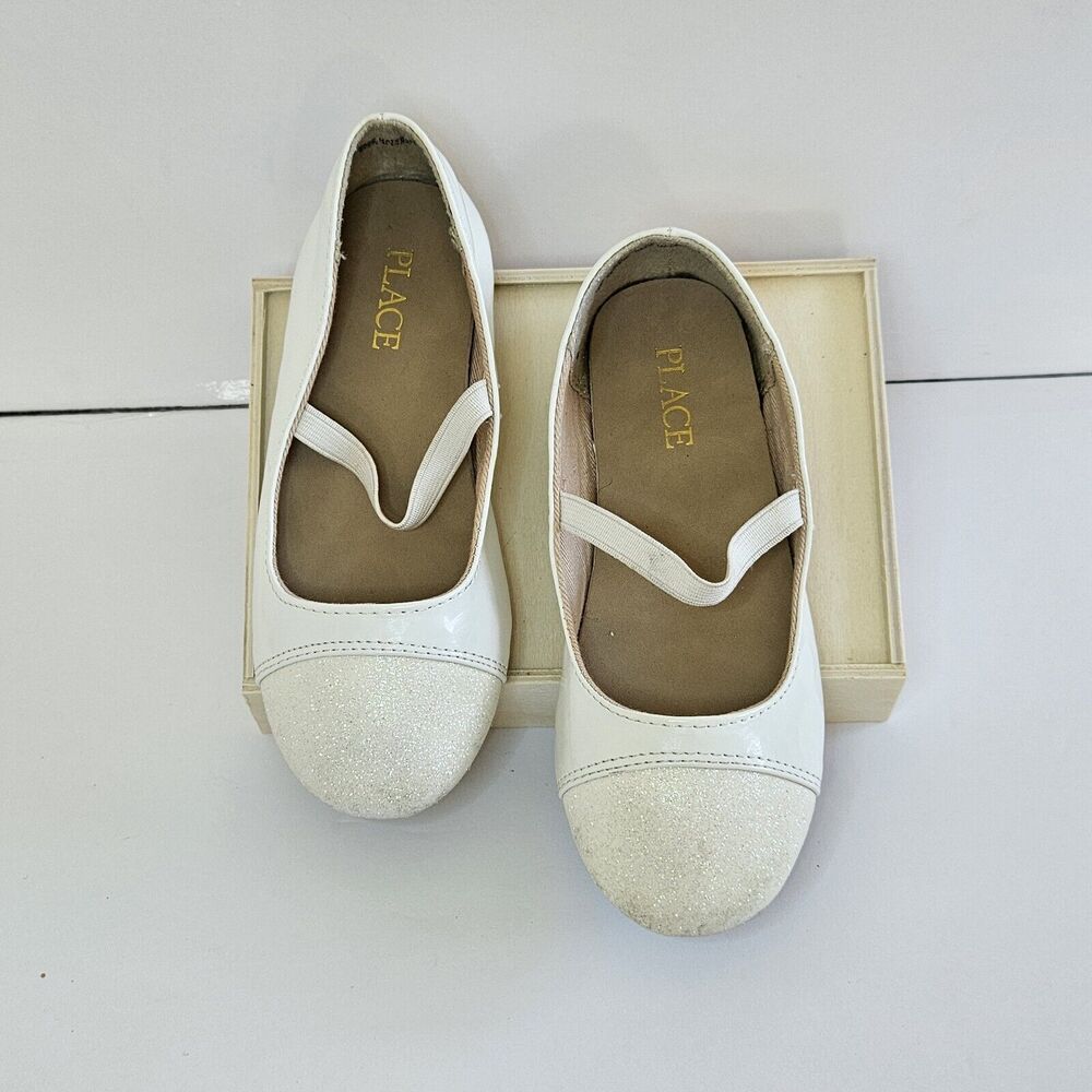 Childrens Place Toddler Girls White Sparkly Toe Flats Dress Shoes Size 10